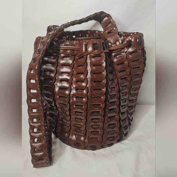 Bohemian Dark Brown Interlocking Leather Handbag Retro Basket Weave Bucket Bag - Picture 1 of 13